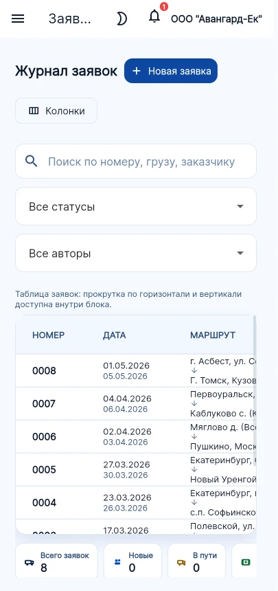 Logist IQ — журнал заявок в мобильном PWA-приложении